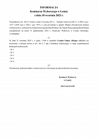 Foto: INFORMACJA Komisarza Wyborczego w Łomży z dnia 18 września 2023 roku