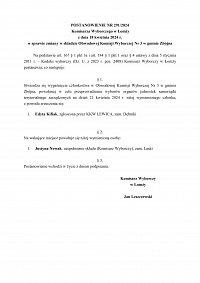 Foto: POSTANOWIENIE NR 291/2024 Komisarza Wyborczego w Łomży z dnia 18 kwietnia 2024 roku