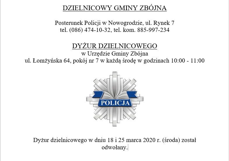 Zdjęcie do wiadomości Dyżur dzielnicowego w Urzędzie Gminy Zbójna