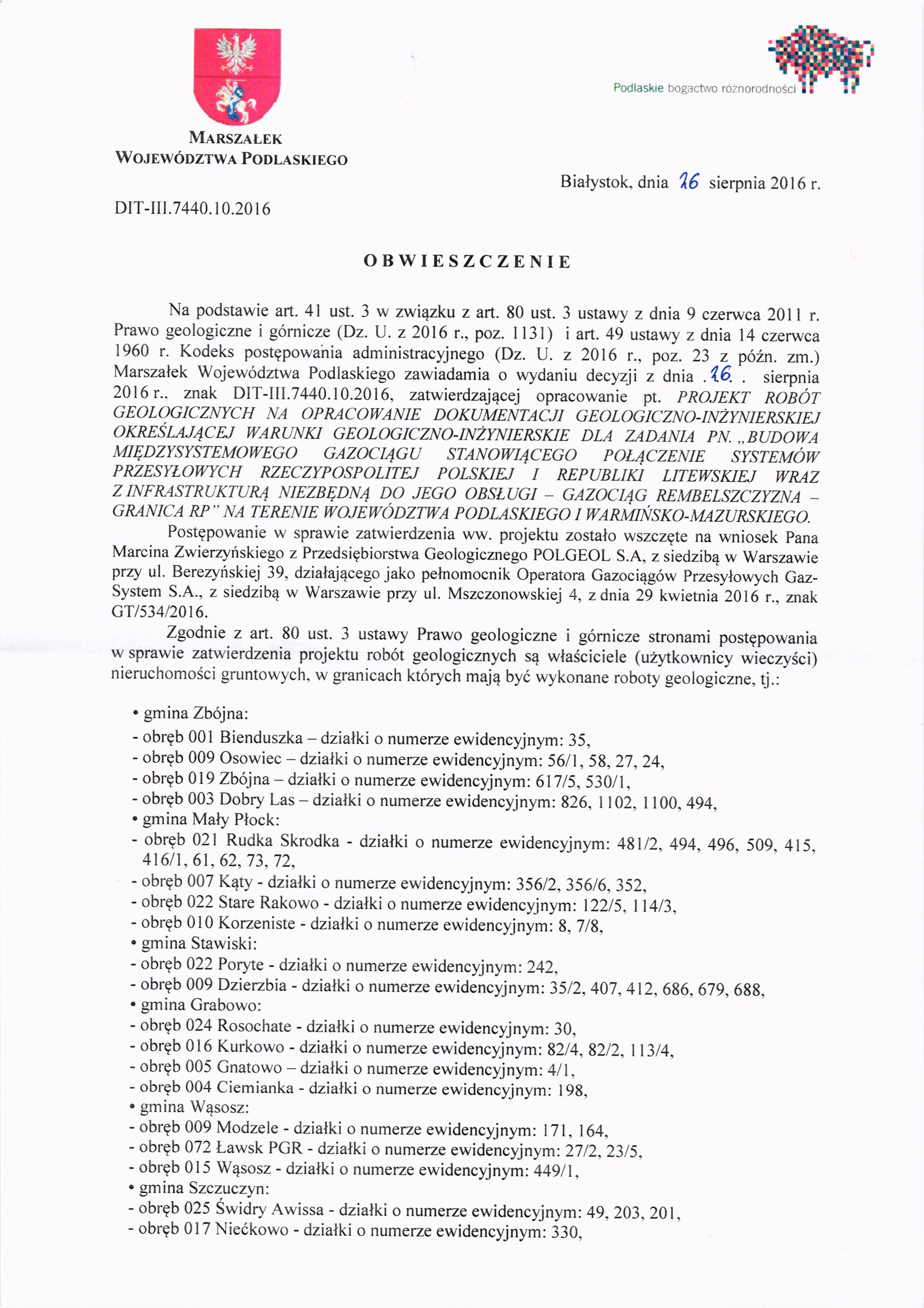 Zdjęcie do wiadomości Obwieszczenie Marszałka Województwa Podlaskiego