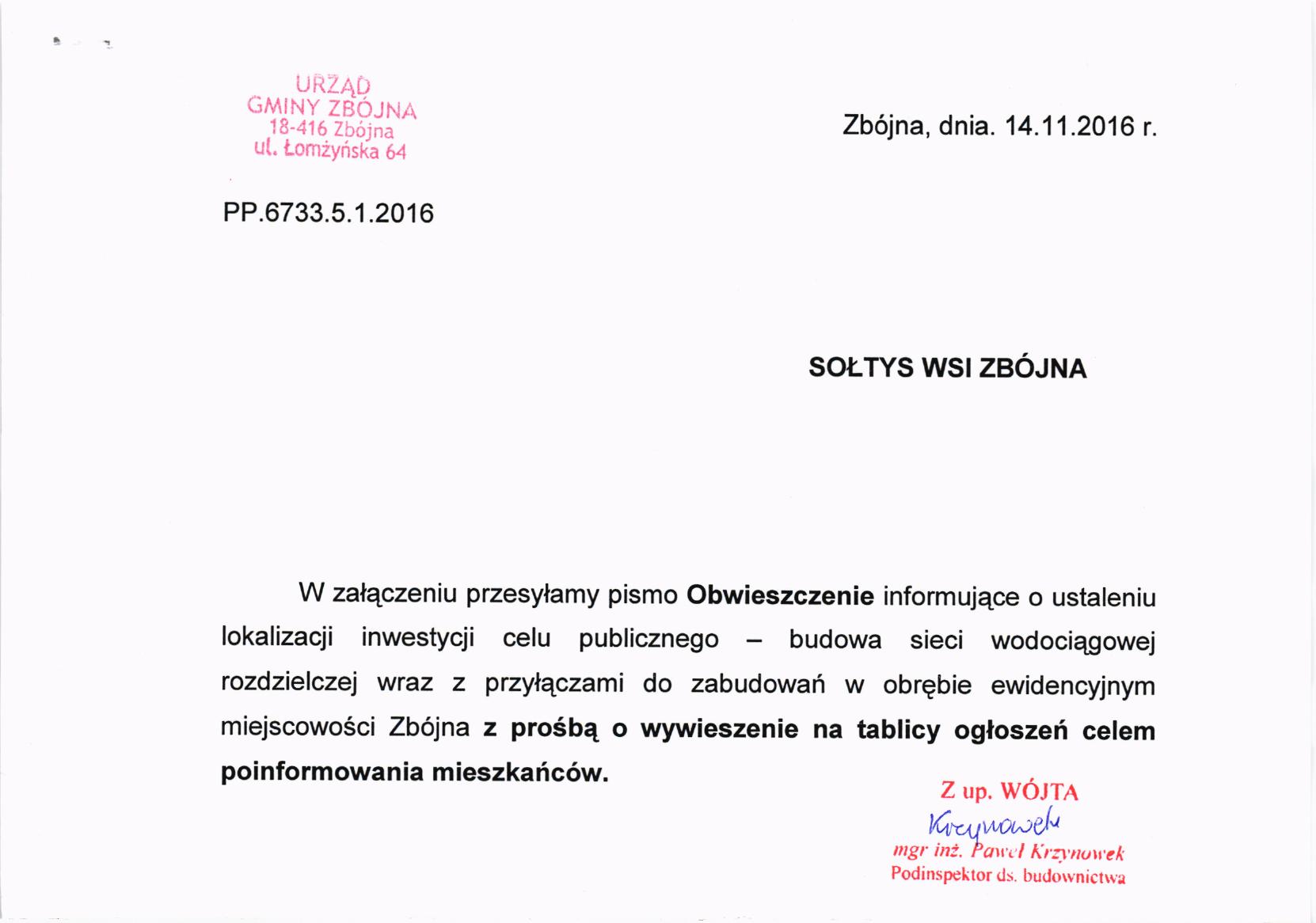 Zdjęcie do wiadomości Obwieszczenie  informującej o ustaleniu lokalizacji inwestycji celu publicznego-