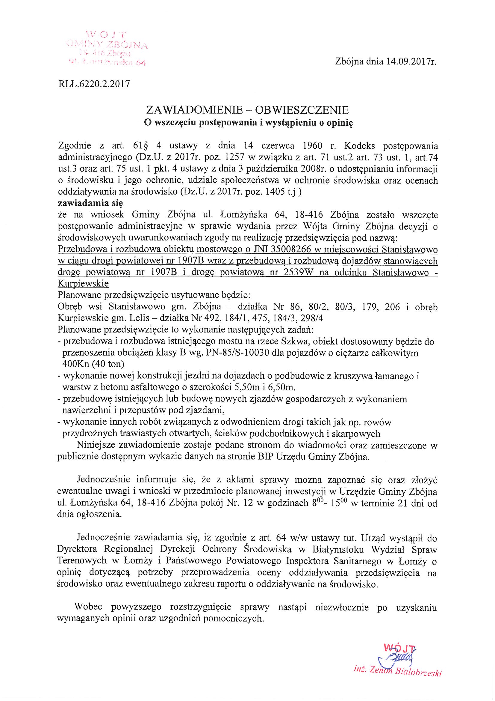 Zdjęcie do wiadomości Zawiadomienie o wszczęciu postepowania i wystąpieniu o opinię