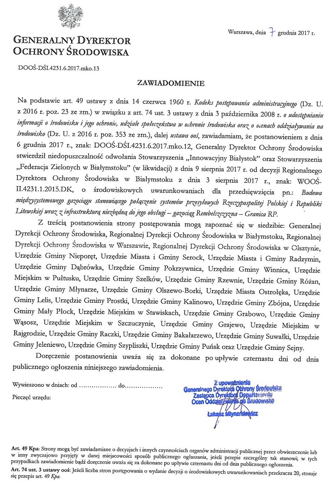 Zdjęcie do wiadomości Zawiadomienie Generalnego Dyrektora Ochrony Środowiska
