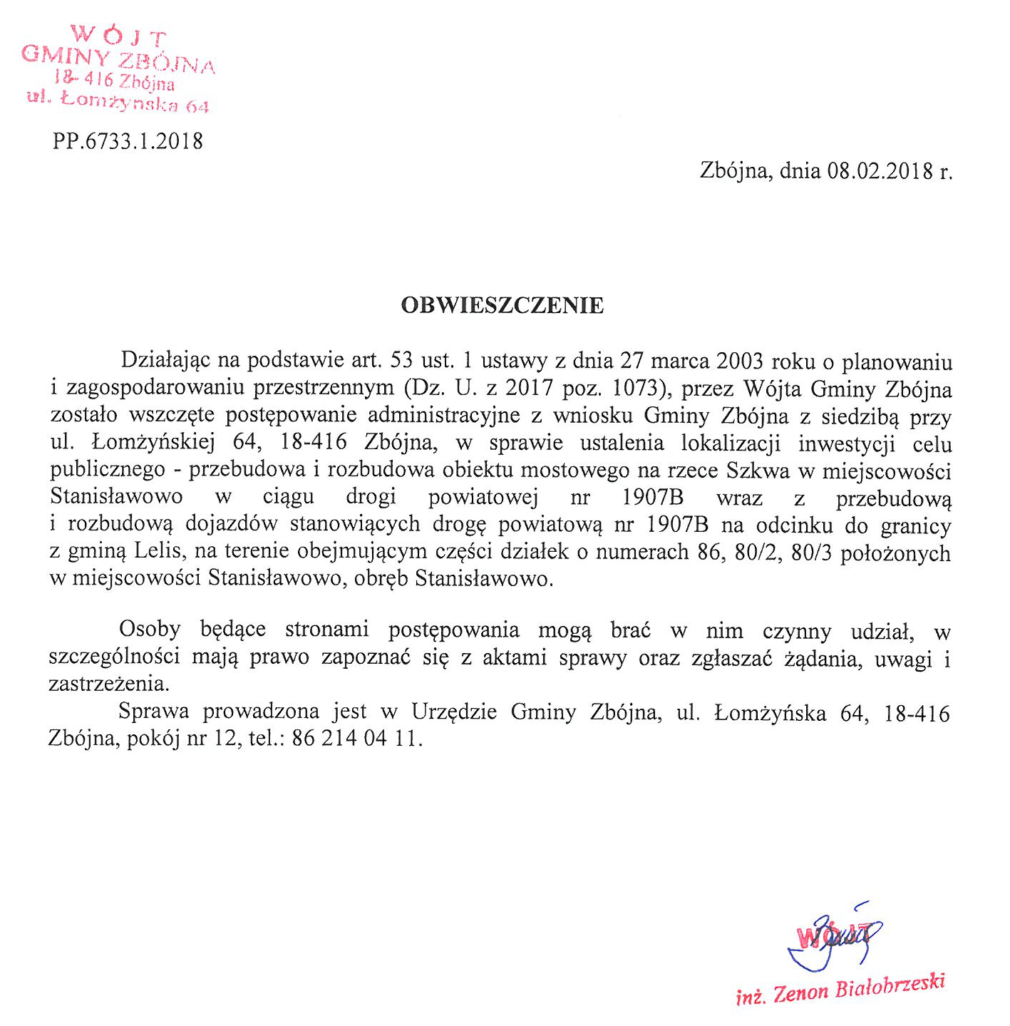 Zdjęcie do wiadomości Obwieszczenie Wójta Gminy Zbójna