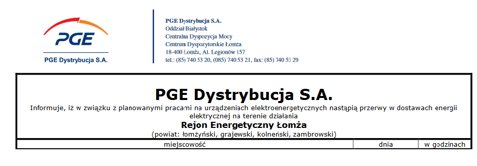 Zdjęcie do wiadomości Planowe przewy w dostawach enerii  elektrycznej