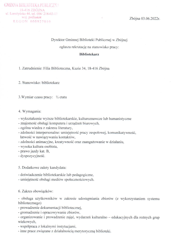 Zdjęcie do wiadomości Ogłoszenie o konkursie na stanowisko bibliotekarza